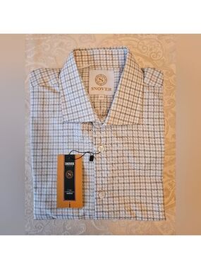 Men's Formal Grey Cotton Grid Checkered Shirt, Snover, NWT, 43, 17", XL